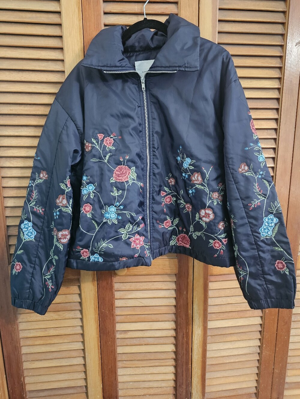 Anthropologie Dahlia Floral Bomber Jacket – Navy Blue Embroidered | Size Large